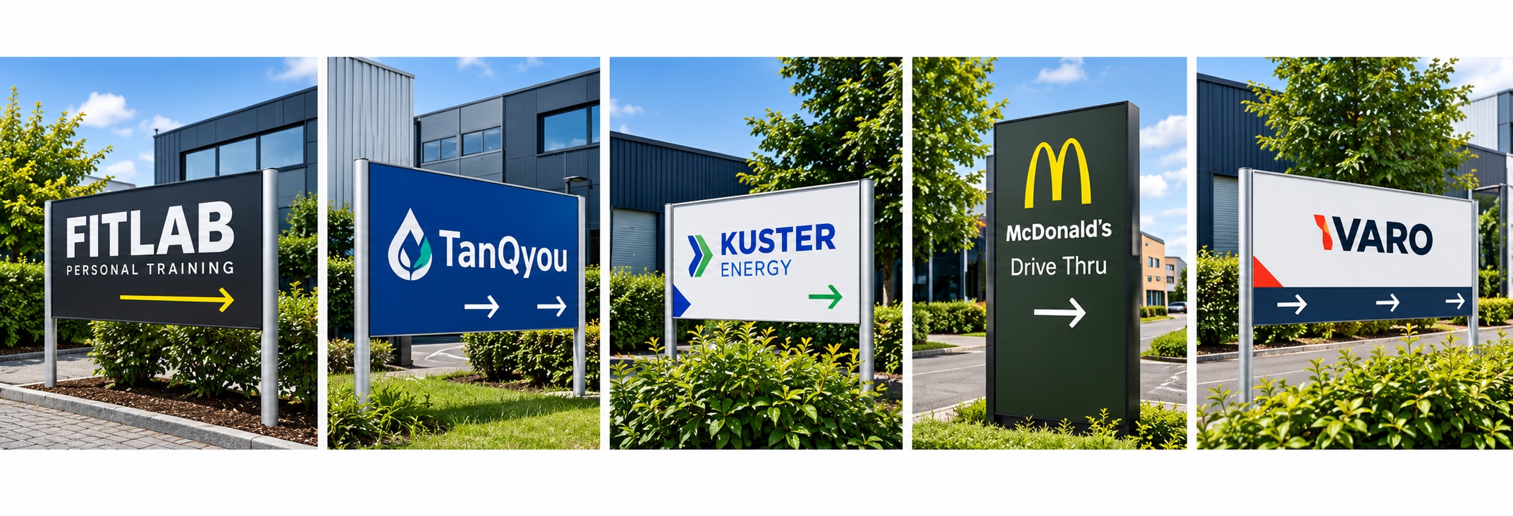 Vijf sfeerimpressies: reclameborden bij een sportschool, tankstations en een bedrijf
