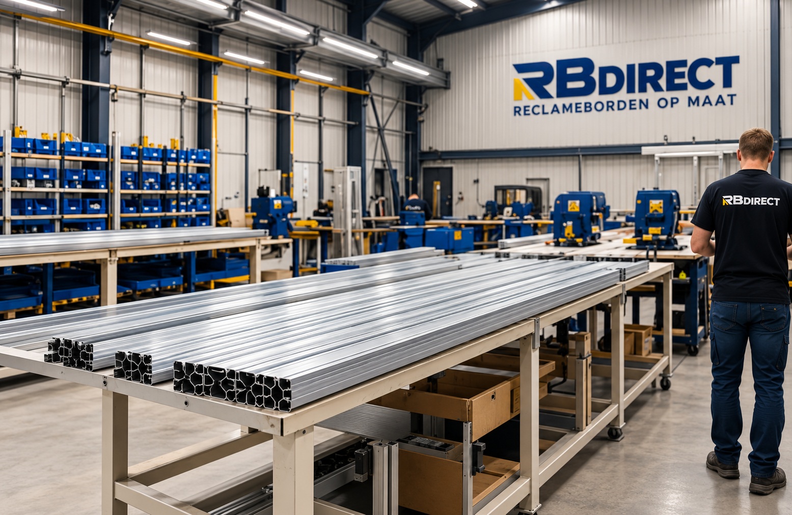 Sfeerimpressie van aluminium reclamebordframes tijdens productie in een werkplaats